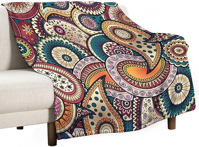 Indian Boho Throw Blanket Mandala Design Colorful Bohemian Floral Paisley Blanket for Sofa Bed Couch Chair Or Dorm 50"x60"