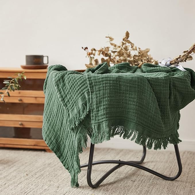 Simple&Opulence Cotton Muslin Throw Blanket for Bed, Couch, Knit Woven Gauze Blanket with Tassels, Soft Lightweight Cozy Pre-Washed Breathable Farmhouse Decoration for All-Season (Olive Green)