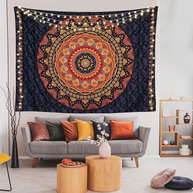 Edeesky Boho Mandala Tapestry Aesthetic Wall Hanging Psychedelic Hippie Butterfly Tapestries Vintage Wall Art Home Decor for Bedroom,Living Room,Dorm（Red
