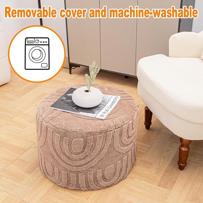 Round Plush Ottoman Pouf Stuffed– Fluffy Ottoman Foot Rest with Modern Foam Filler 20" x 14" Cozy Floor Pouf for Living Room & Bedroom