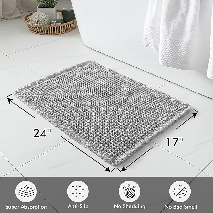 MIULEE Set of 2 Waffle Bathroom Rugs, Boho Bath Rugs Non Slip Washable, Super Absorbent Bath Mats, Ultra Soft Rubber Backed Shower Mats for Bathroom Floor, Tub and Shower, Light Grey, 17x24 Inch