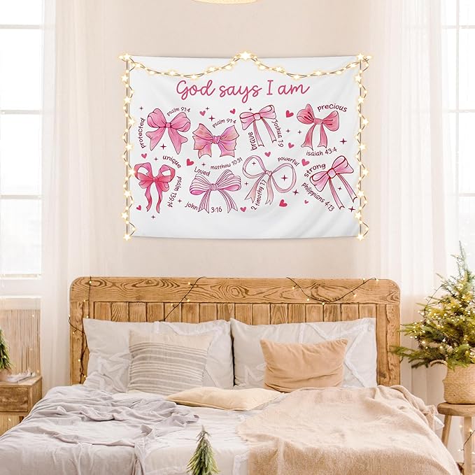 AQYIP Preppy Pink Bow Christian Tapestry Wall Hanging, God Says I Am Cute Inspirational Bible Verse Tapestry Decorative, Pink Girly Christian Wall Decor for Room, 50x60 Inch