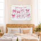 AQYIP Preppy Pink Bow Christian Tapestry Wall Hanging, God Says I Am Cute Inspirational Bible Verse Tapestry Decorative, Pink Girly Christian Wall Decor for Room, 50x60 Inch