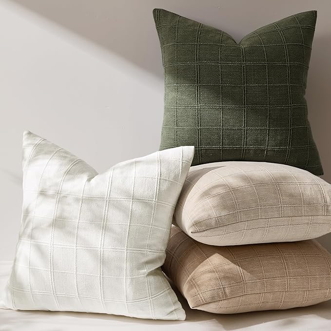 Woaboy Linen Check Throw Pillow Covers Set of 2 - Olive Green Farmhouse Modern Boho Vintage Decorative Cushion Covers Spring Home Decor for Sofa Couch Bedroom Living Room 20x20 Inch