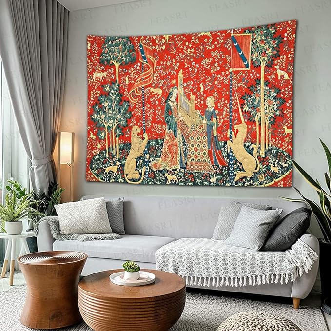 FEASRT Medieval Maiden and Unicorn Tapestry European Royal Tapestry Lion Tapestry, 60x40 Inches Soft Flannelette, Lady and Unicorn for Living Room Bedroom Dorm