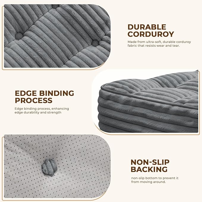 Square Pouf Ottoman, Boho Stuffed Poufs Ottoman with Memory Foam Filled 25.7 x 15.7 inches Modern Corduroy Foot Rest Stool for Living Room,Gray