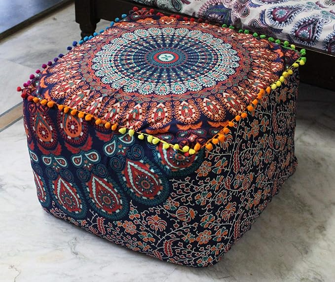 CRAFT KALA Indian Square Patchwork Traditional Pouf Cover Indian Living Room Poufs Cover Decorative Designer Ottoman Home Living Footstool Pom Ottoman Cover Decor 22X22X14 inches, Multi-Color Mirchi
