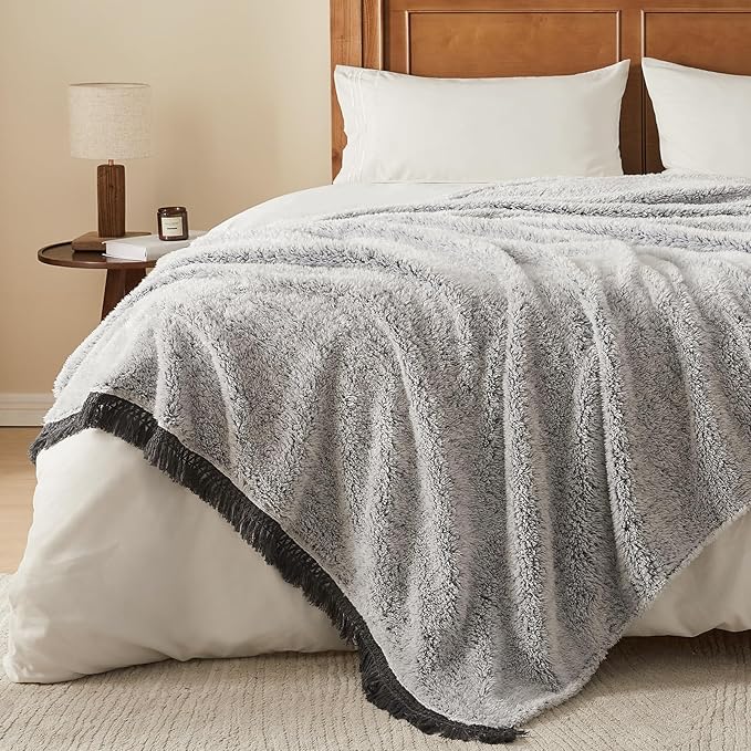 EMME Soft Sherpa Fleece Blanket with Tassel, Reversible Plush Fluffy Large Blanket, Light Weight Warm Decorative Boho Blanket Cover for Sofa, Couch, Bedroom,Travel(Tassel Grey,60"x80")