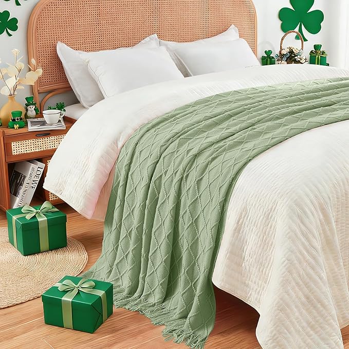 inhand Basil Green Knitted Throw Blanket for Couch and Bed, St. Patrick’s Day Lucky Spring Gifts Throw for Her or Him, Soft Farmhouse Woven Blanket with Tassel, Lightweight Decorative, 60"x80"