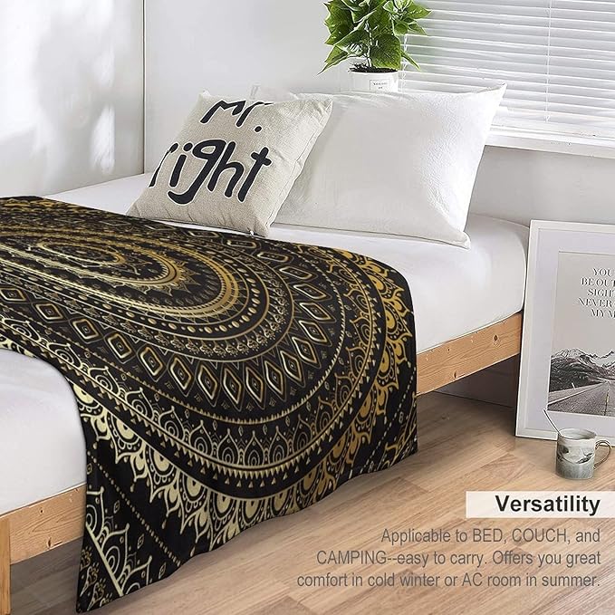 Black Gold Mandala Throw Blanket Boho Indian Hippie Vintage Abstract Bohemian Flower Blanket for Sofa Bed Couch Chair Or Dorm 40"x50"