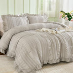 WONGS BEDDING Grey Textured Comforter Set Queen,3 Pieces Ruffle Farmhouse Shabby Chic Comforter for Queen Bed,Soft Seersucker Boho Bedding Set with 1 Ruffle Comforter,2 Tufted Pillowcases 90"×90"