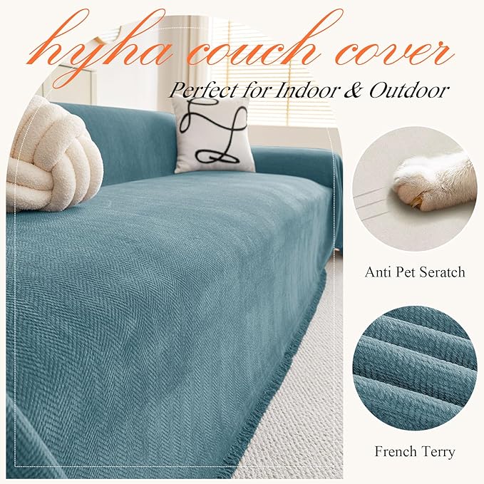hyha Couch Cover for Dogs, Boho Sofa Covers for 3 Cushion Couch Washable, Chenille Sofa Slipcover for Pets, Soft Loveseat Sectional Couch Throw Blankets with Tassels (Blue, 71x102 Inch)