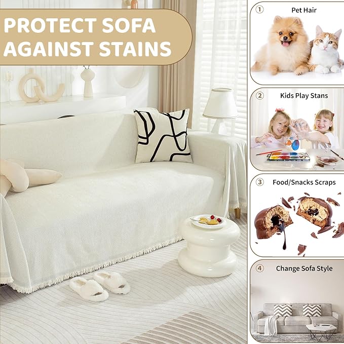 ROOMLIFE Beige Boho Couch Cover Sofa Covers with Tassel Farmhouse Sofa Slipcover Simple Couch Protector for Dogs Chenille Sectional Couch Covers L Shaped Couch Cushion Covers, 71"x 118"
