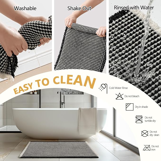 MIULEE Set of 2 Waffle Bathroom Rugs, Boho Bath Rugs Non Slip Washable, Super Absorbent Bath Mats, Ultra Soft Rubber Backed Shower Mats for Bathroom Floor, Tub and Shower, Black & Cream, 18x30 Inch