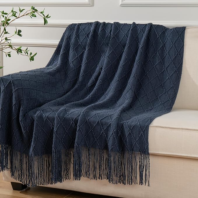 BATTILO HOME Navy Blue Throw Blanket with Fringe, Geometric Bed Blue Throws, Spring Decorative Large Throw for Couch Sofa Indoor Outdoor, 52"x80"