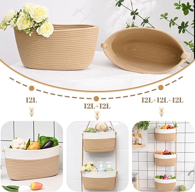 Hanging Basket, 3-Tier Wall Baskets, Over the Door Organizer with 4 Hooks, Hanging Baskets for Organizing, Woven Storage Basket Behind the Door for Nursery, Bedroom, Living Room, Kitchen