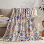 Boho Floral Throw Blanket, Bohemian Soft Cozy and Warm Couch Blankets Gift for Flower Lover, Decorative Blankets for Sofa Couch Bed, Gray Blue 50×60 inches
