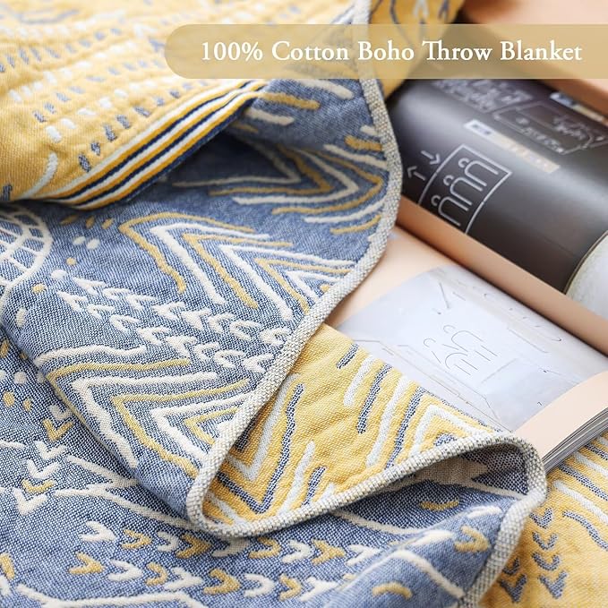100% Cotton Soft Boho Throw Blanket for Bed 60x80,Muslin Breathable Lightweight Gauze Spring Blankets for Couch Sofa All Seasons,Bohemian Decor Floral Quilt Rustic Throw Blanket,Yellow