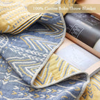100% Cotton Soft Boho Throw Blanket for Bed 60x80,Muslin Breathable Lightweight Gauze Spring Blankets for Couch Sofa All Seasons,Bohemian Decor Floral Quilt Rustic Throw Blanket,Yellow