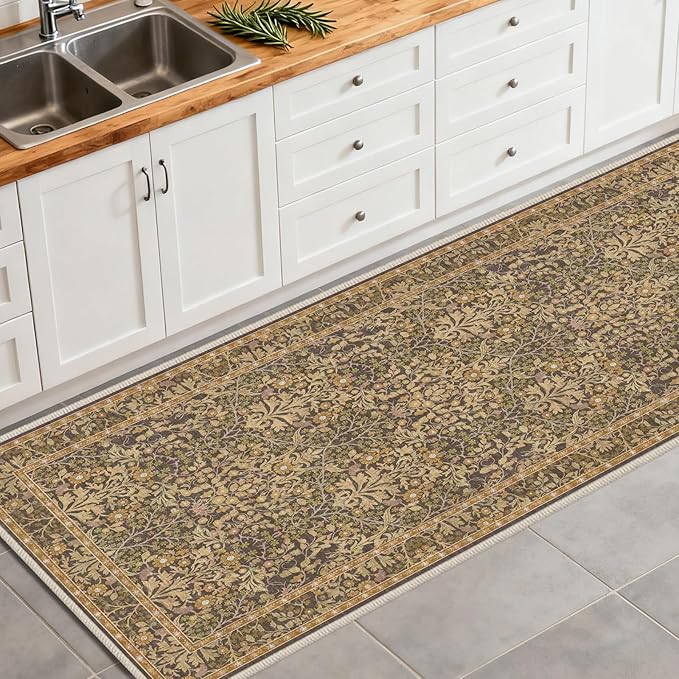 Washable 2'6" x 10' Runners for Hallways, Non Slip Long Floor Runner for Kitchen, Entryway Indoor, Stain Resistant Rubber Backing Floral Decor Rug (Goldenrod)