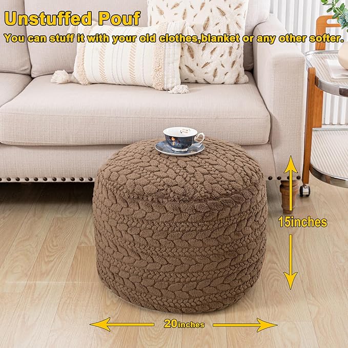 Unstuffed Ottoman Pouf Cover – Round Faux Fur Footstool Plush Floor Pouf (No Filler Included) Perfect for Living Room, Bedroom, or Office Lounge (Coffee, 20x20x15 in)