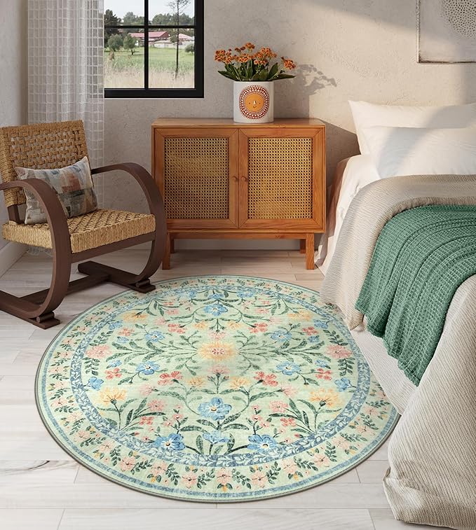 Lahome Sylvie Green Round Rug for Bedroom 4ft, Sage Washable Small Kids Bathroom Circle Rug, Boho Nursery Circular Carpet Girl, Soft Non-Slip Carpet for Kids Room Sunroom