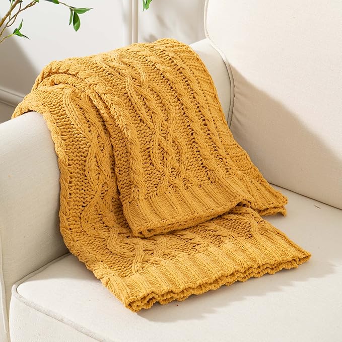 Battilo Mustard Yellow Throw Blanket 51"x67" Chenille Knitted Throw Blanket for Couch, Gold Throw Blankets for Home Decor, Summer Fall Decor Blanket