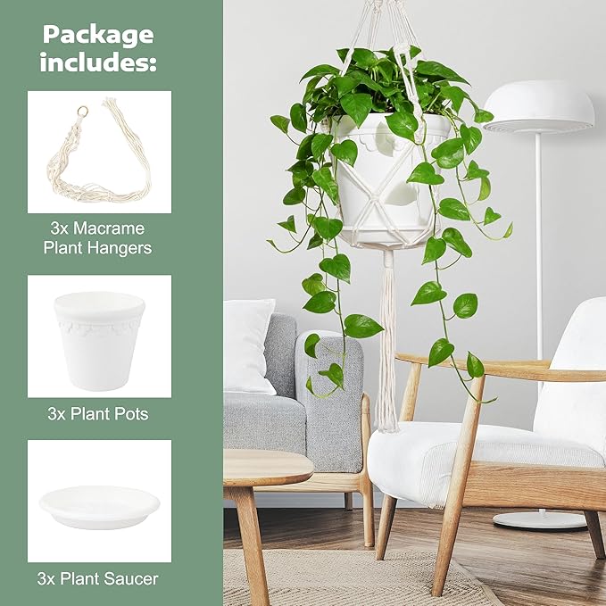 Hanging Planters with Macrame Plant Hangers, 3-Set Self Watering Pots, Hanging Flower Baskets for Indoor Outdoor Plants,3 Different Sizes