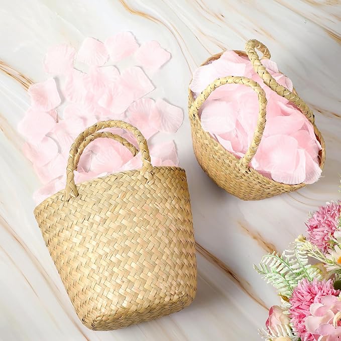 LemonRoad 2 Pcs Flower Girl Basket for Wedding Small Rustic Seagrass Basket with Handle Boho Wedding Flower Storage Farmhouse Decor for Petals Confetti Sweets Gifts 5.12 x 5.51''d (Natural Color)