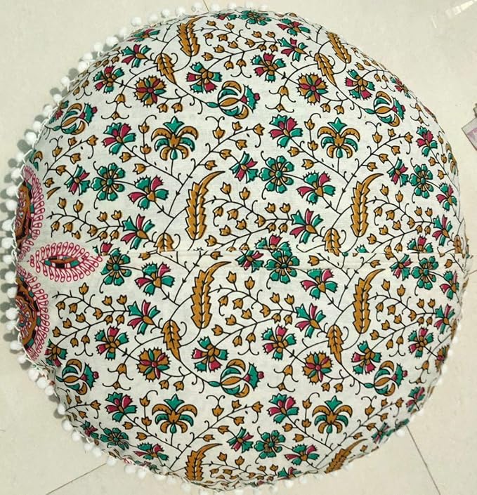 CRAFT KALA Mandala Floor Pillow Cushion Cover Seating Throw Cover Hippie Decorative Bohemian Ottoman Poufs Pom Pillow Cases Boho Indian Cotton Living Room Home Décor 24" Round Set of 2 Mustard Mirchi