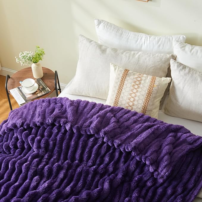 NEWCOSPLAY Super Soft Queen Blanket Purple Premium Silky Flannel Fleece 3D Ribbed Jacquard Lightweight Bed Blanket All Season Use (Purple Ribbed, Queen(90"x90"))