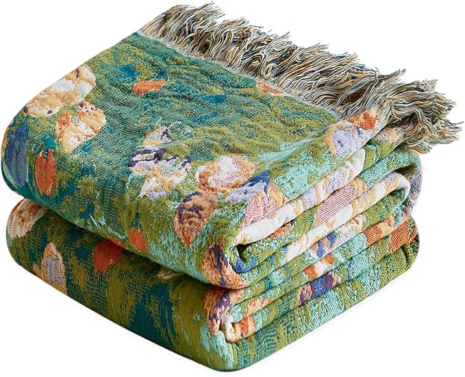 Boho Throw Blanket for Couch Sofa Chair Spring Cotton Blankets for Bedroom Living Room All Season Soft Lightweight Reversible Floral Embroidery Decorative Throws 50"x60" Home Decor