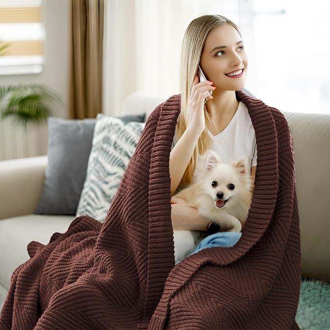 Knitted Throw Blanket 60"X80", Brown Knit Throws for Bed, Super Soft Boho Chevron Blankets for Couch Sofa Chair Room Decor, Textured Decorative Farmhouse Cozy Lightweight