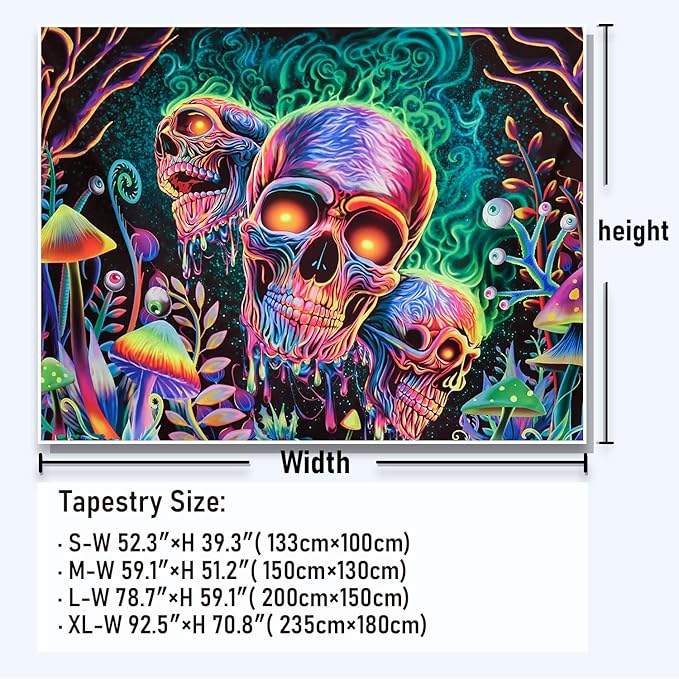 Amonercvita Blacklight Skull Tapestry Trippy Skeleton Wall Tapestries UV Reactive Neon Plants Trees Tapestries Aesthetic Galaxy Space Tapestry Wall Hanging for Bedroom Decor(W51.2×H59.1 inches)
