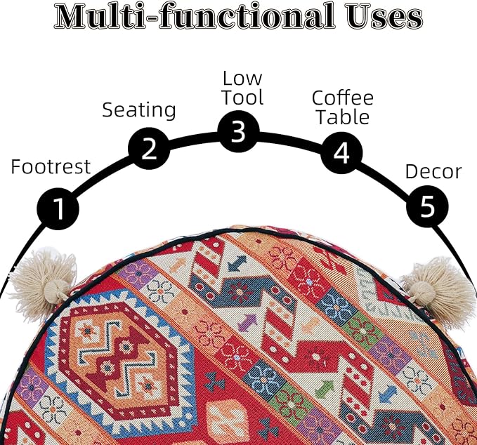 Boho Unstuffed Pouf Cover Ottoman Footrest Indian Mexcian Foot Stool Floor Bean Bag Floor Chair Storage for Living Room Bedroom Decor (Boho Red, Round)