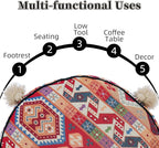 Boho Unstuffed Pouf Cover Ottoman Footrest Indian Mexcian Foot Stool Floor Bean Bag Floor Chair Storage for Living Room Bedroom Decor (Boho Red, Round)