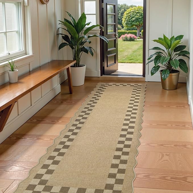LIVEBOX Scalloped Easy Jute Checkered Runner Rug for Kitchen, Washable 2x8 Tan Rugs for Hallway Runner Entryway, Geometric Indoor Outdoor Non Slip Rug Farmhouse Modern Carpet Door Mat for Porch