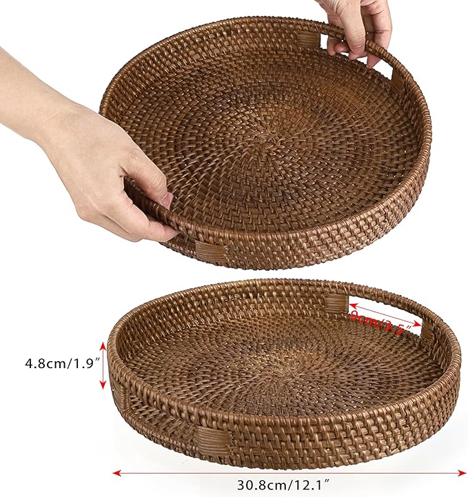 Hipiwe Round Rattan Serving Tray Handwoven Decorative Wicker Basket Trays with Handles Coffee Table Centerpiece Tray Fruit Organizer Basket for Breakfast Drinks Snack, 12 inch