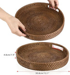 Hipiwe Round Rattan Serving Tray Handwoven Decorative Wicker Basket Trays with Handles Coffee Table Centerpiece Tray Fruit Organizer Basket for Breakfast Drinks Snack, 12 inch