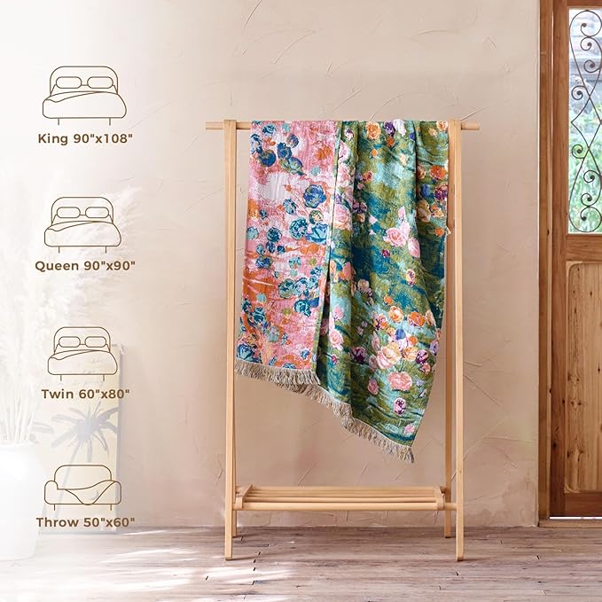 Boho Throw Blanket for Bed Cotton Spring Blankets Twin Size for Bedroom Living Room All Season Lightweight Floral Embroidery Reversible Quilt for Couch Sofa Chair 60"x80" Home Decor