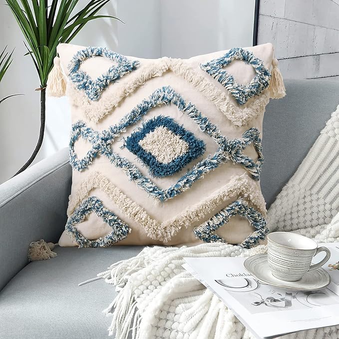 JASEN Boho Decorative Throw Pillow Cover，Blue and Beige Woven Tufted Pillow Cover with Tassels Bohemia Pillow Covers for Couch Sofa Bedroom Living Room 18x18 Inch