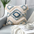 JASEN Boho Decorative Throw Pillow Cover，Blue and Beige Woven Tufted Pillow Cover with Tassels Bohemia Pillow Covers for Couch Sofa Bedroom Living Room 18x18 Inch