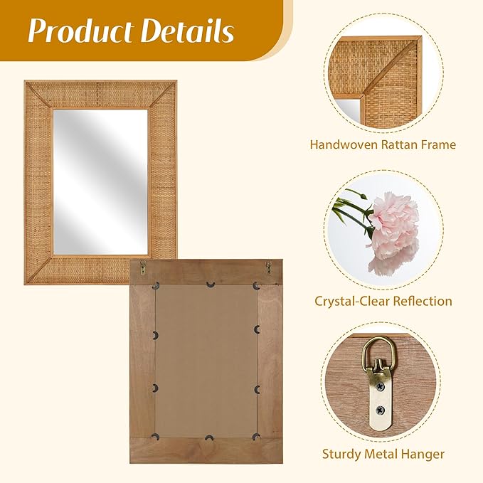 Boho Rattan Wall Mirror Wooden Framed Rectangle Mirror Rattan Decorative Farmhouse Hanging Mirror for Bathroom Vanity Entryway Living Room Home Wall Decor - 23.82" x 1.78" x 31.5"