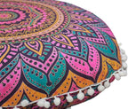 Round Mandala Floor Pillow Cover Seating Cushion Throw Cover Ottoman Pouf Cover Pom Pom Pillow Cases Hippie Decorative Bohemian Boho Indian 22 Inches (New Pink)