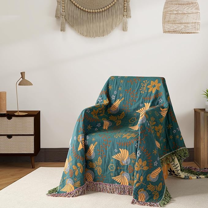 Boho Throw Blanket Throw Size, Soft Cozy Cotton Muslin Quilt Blanket for Bed Decor, Bird Patterned Couch Sofa Chair Cover, Vintage Farmhouse Cottage Tapestry Woven Blanket, Green&Beige