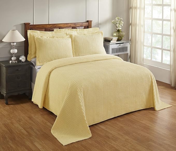 Better Trends Chenille Bedspreads Twin Size, Yellow 100% Cotton Chenille Stripe Design Tufted Bedding Coverlet Soft Lightweight, 96"x110" with 1 PC Sham 2 Pieces Set Jullian Collection