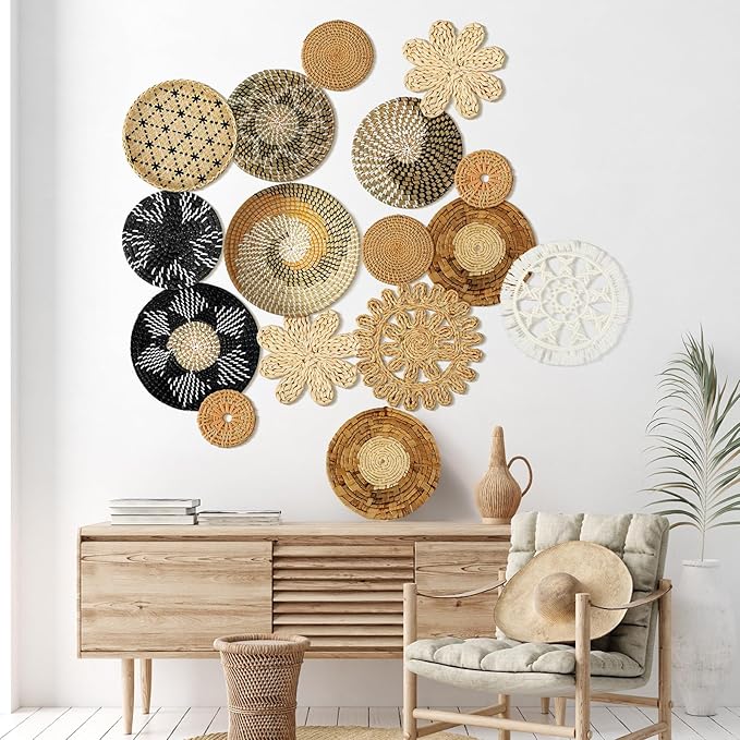 Xuhal 15 Pcs Boho Wall Basket Decor Handcrafted Seagrass Woven Wall Basket Rustic Round Woven Hanging Art for Home Farmhouse Kitchen Table Living Room(Stylish Style)