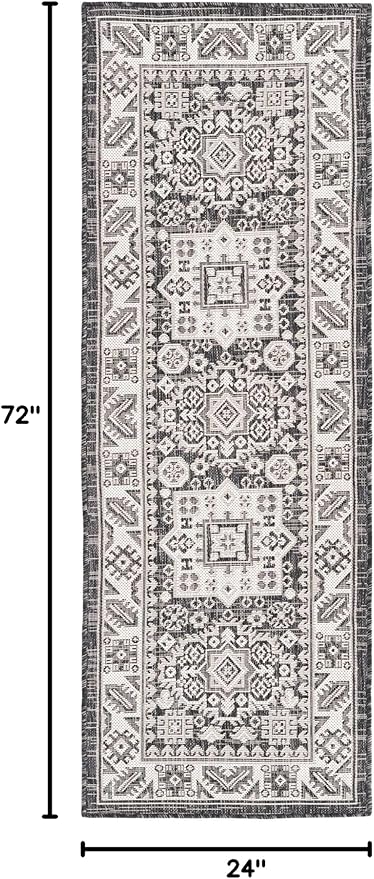 Rugs.com Outdoor Aztec Collection Rug – 6 Ft Runner Charcoal Gray Flatweave Rug Perfect for Hallways, Entryways