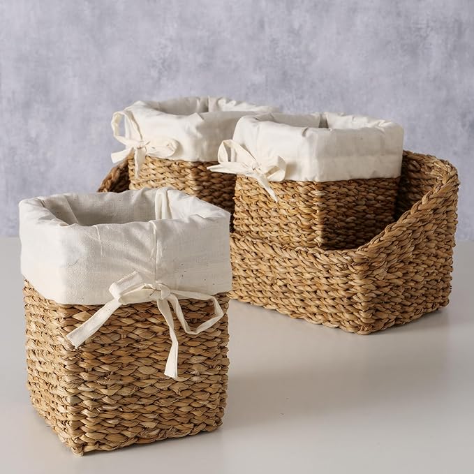 Organizer Basket Set, Set of 4, Includes 3 Lined Removable Bin-Baskets, One Caddy-Utility Basket, Handmade, Sea Grass, Cotton, Bow Ties, Honey Color, 15.75 Inches