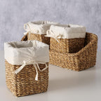 Organizer Basket Set, Set of 4, Includes 3 Lined Removable Bin-Baskets, One Caddy-Utility Basket, Handmade, Sea Grass, Cotton, Bow Ties, Honey Color, 15.75 Inches